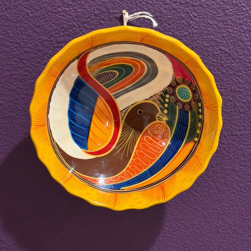 Art Pottery Scalloped Bowl Vintage Mexican Folk Art Hand Painted Bird Motif 10"